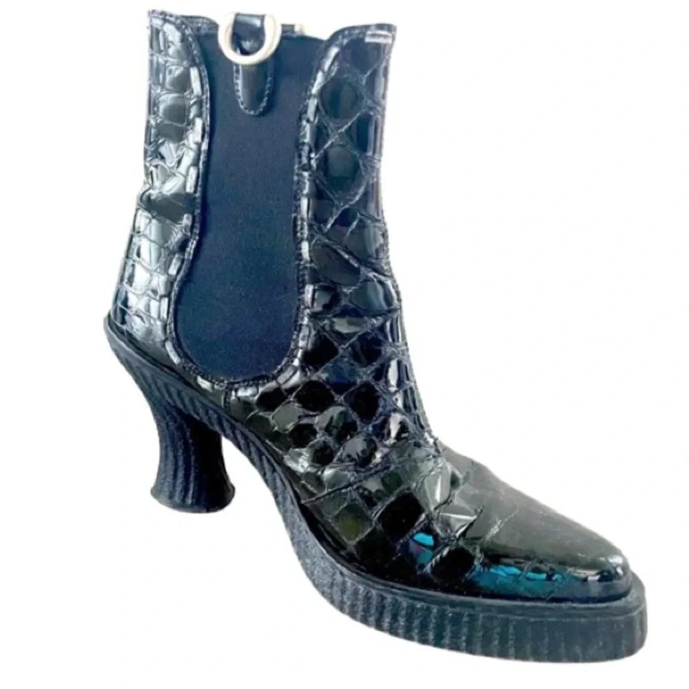 HUSH PUPPIES BLACK CROCODILE IMPRINT POINTY TOE HELLED ANKLE BOOTIES SIZE 38 - Picture 2 of 9